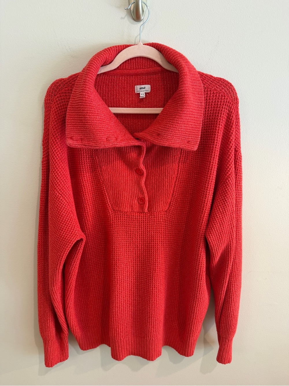 Aerie Red Button-Collar Knit Pullover Sweater